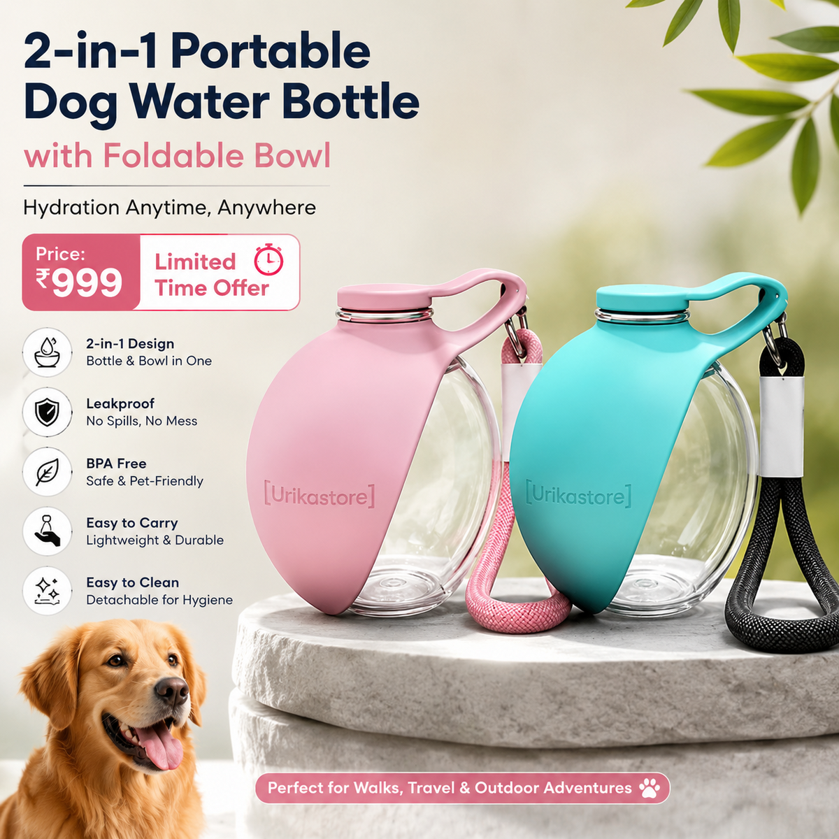 2-in-1 Portable Dog Water Bottle with Foldable Bowl